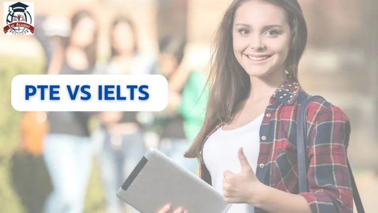 Girl in the picture with The academy logo, with written PTE vs IELTS